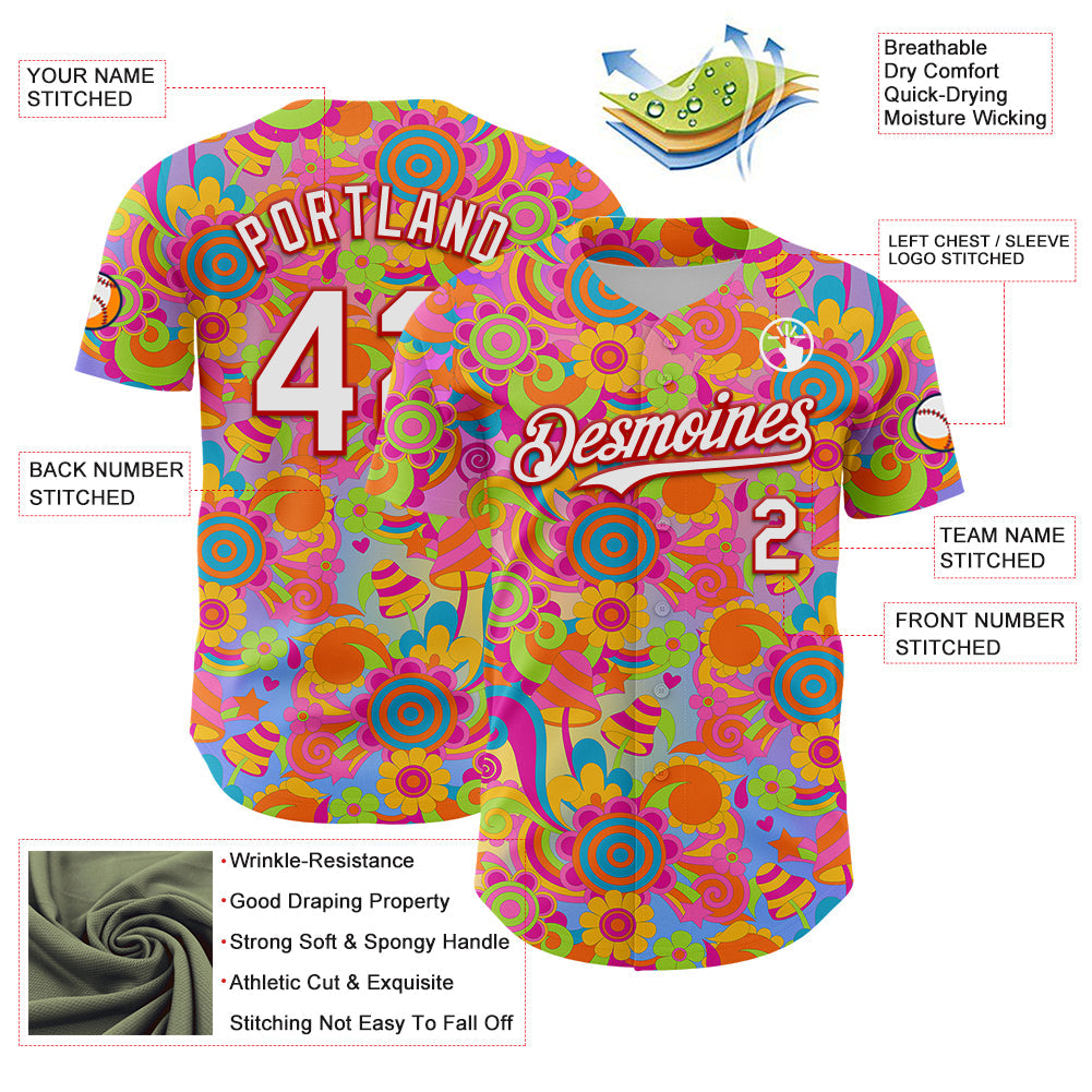 Custom Pink White-Red 3D Pattern Design Trippy Groovy Magic Mushrooms Authentic Baseball Jersey view 3
