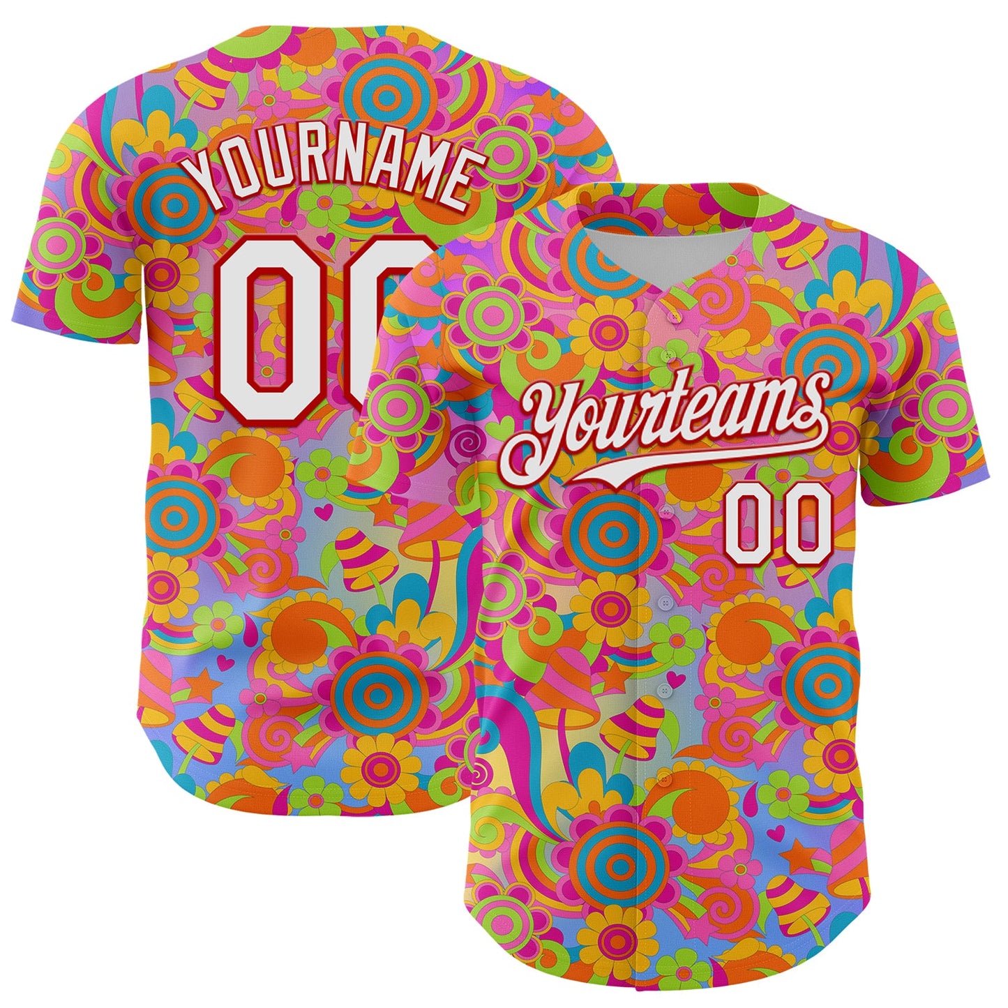Custom Pink White-Red 3D Pattern Design Trippy Groovy Magic Mushrooms Authentic Baseball Jersey - Main View