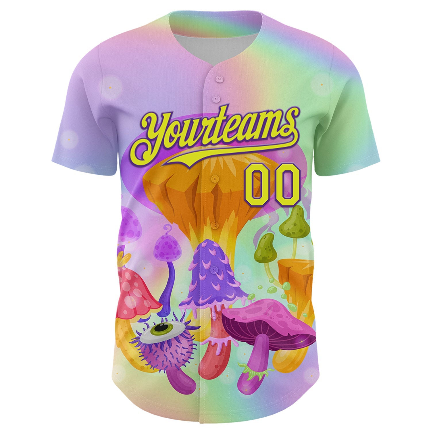 Custom Purple Neon Yellow 3D Pattern Design Trippy Psychedelic Magic Mushrooms Authentic Baseball Jersey view 2