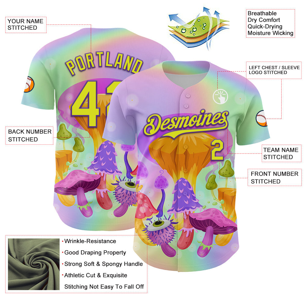 Custom Purple Neon Yellow 3D Pattern Design Trippy Psychedelic Magic Mushrooms Authentic Baseball Jersey view 3