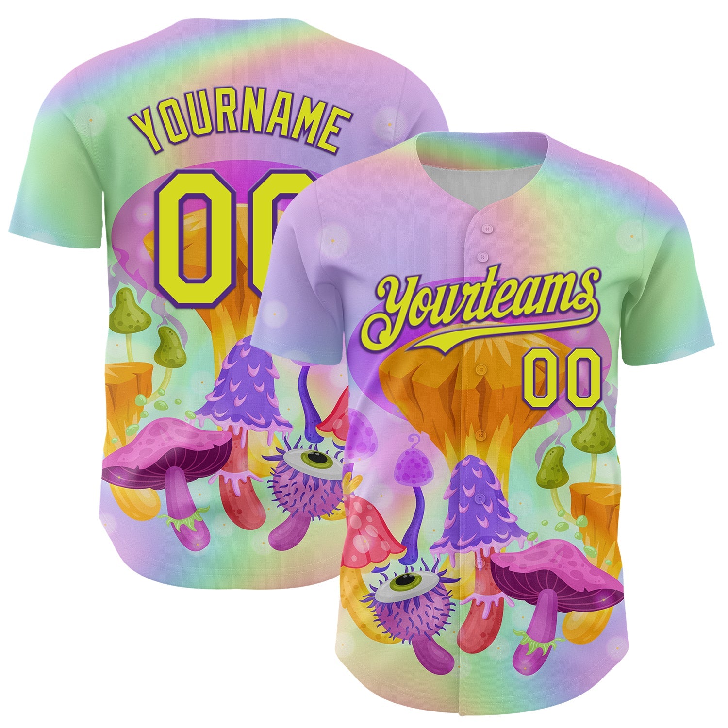 Custom Purple Neon Yellow 3D Pattern Design Trippy Psychedelic Magic Mushrooms Authentic Baseball Jersey - Main View