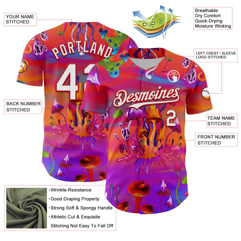 Custom Red White 3D Pattern Design Trippy Psychedelic Magic Mushrooms Authentic Baseball Jersey view 3