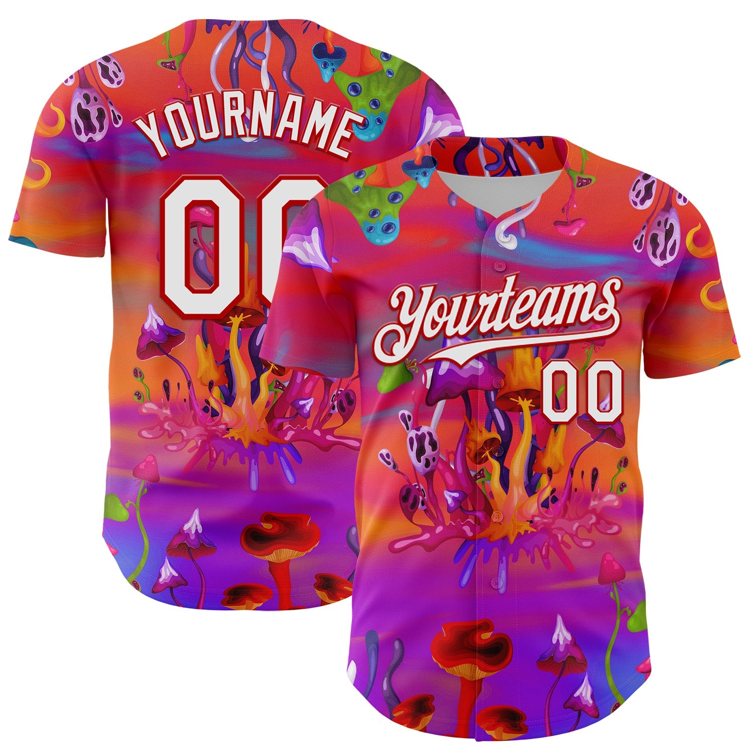 Custom Red White 3D Pattern Design Trippy Psychedelic Magic Mushrooms Authentic Baseball Jersey - Main View