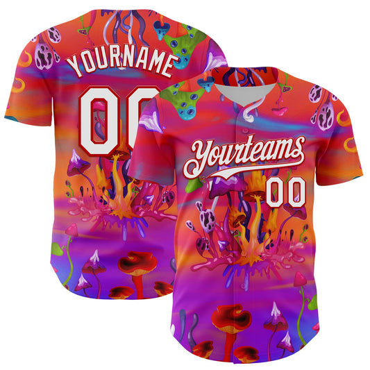 Custom Red White 3D Pattern Design Trippy Psychedelic Magic Mushrooms Authentic Baseball Jersey - Main View