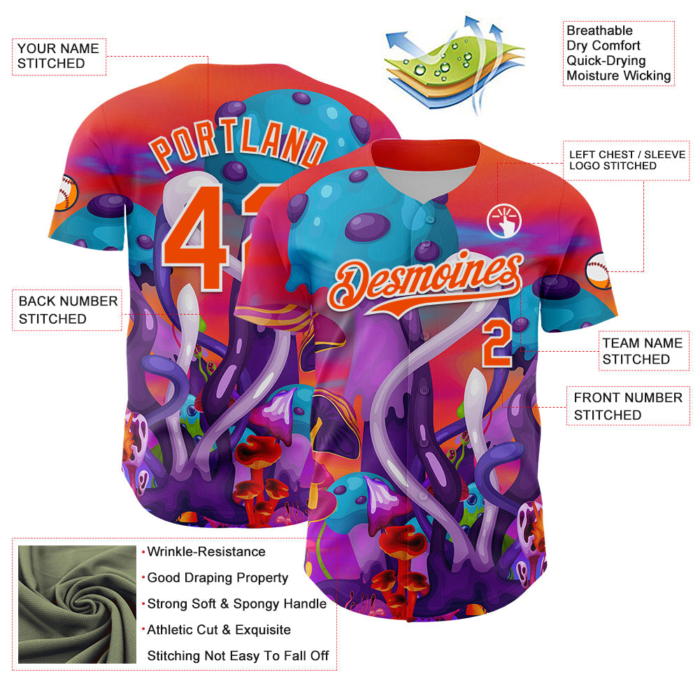 Custom Red Orange Purple-White 3D Pattern Design Trippy Psychedelic Magic Mushrooms Authentic Baseball Jersey view 3