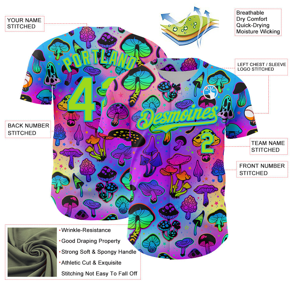 Custom Purple Neon Green-Lakes Blue 3D Pattern Design Trippy Psychedelic Magic Mushrooms Authentic Baseball Jersey view 3