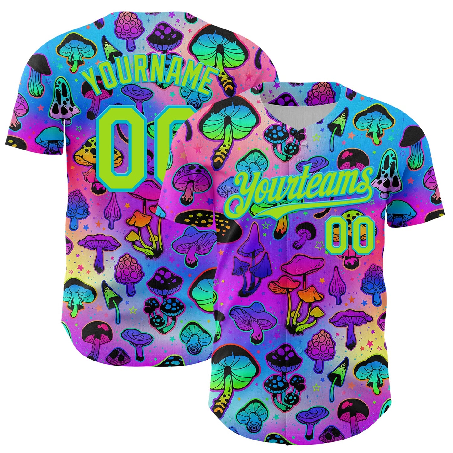Custom Purple Neon Green-Lakes Blue 3D Pattern Design Trippy Psychedelic Magic Mushrooms Authentic Baseball Jersey - Main View