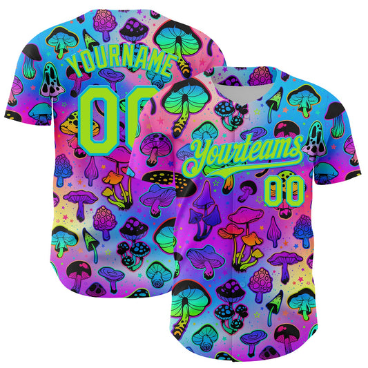 Custom Purple Neon Green-Lakes Blue 3D Pattern Design Trippy Psychedelic Magic Mushrooms Authentic Baseball Jersey - Main View