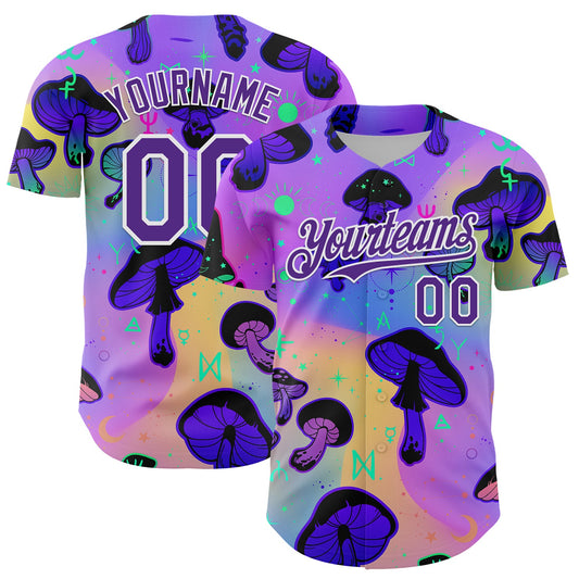 Custom Purple White 3D Pattern Design Trippy Psychedelic Magic Mushrooms Authentic Baseball Jersey - Main View