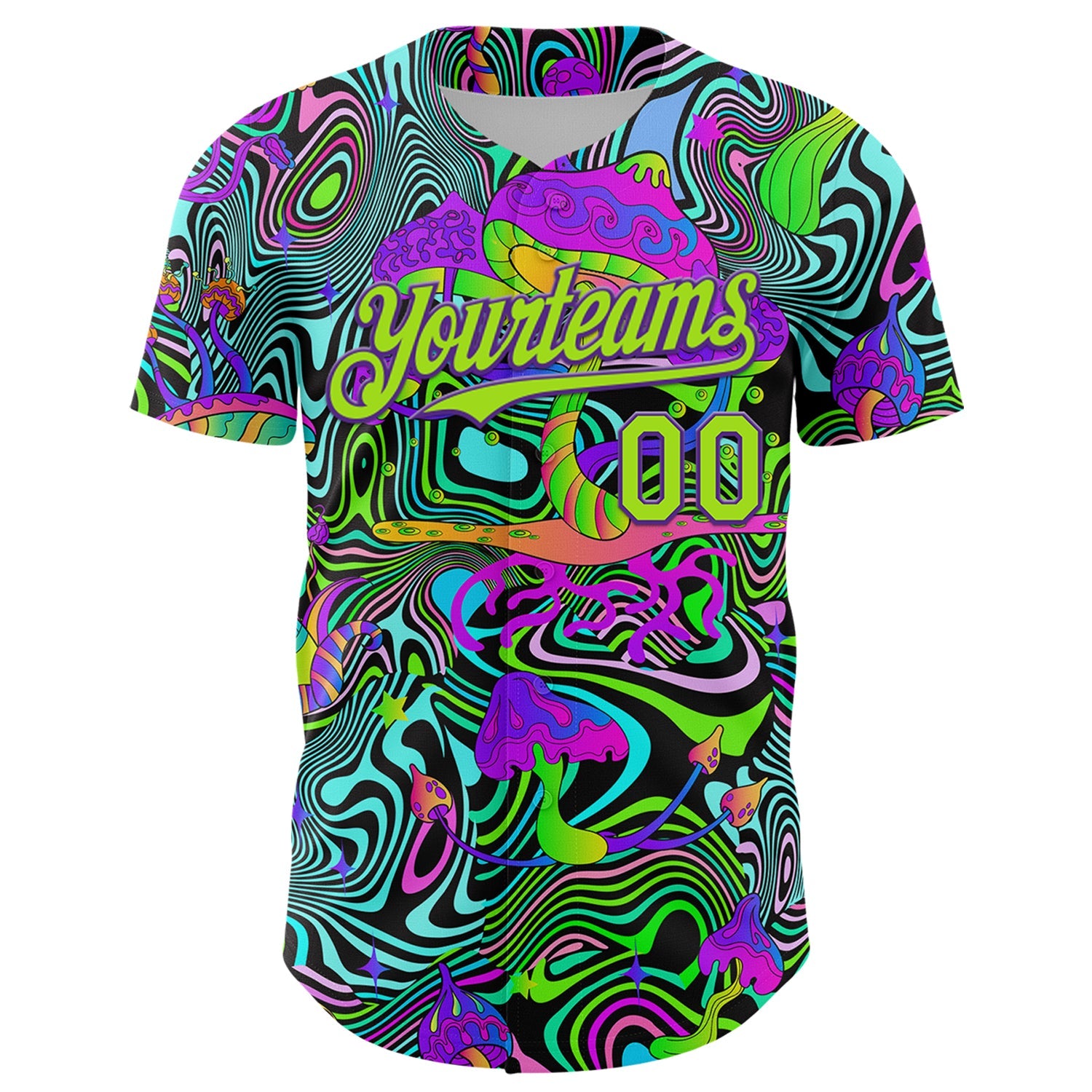 Custom Purple Neon Green 3D Pattern Design Trippy Groovy Magic Mushrooms Authentic Baseball Jersey view 2