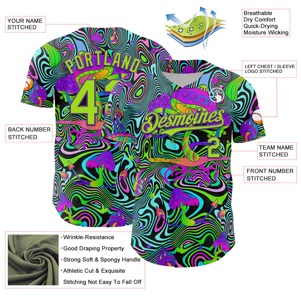 Custom Purple Neon Green 3D Pattern Design Trippy Groovy Magic Mushrooms Authentic Baseball Jersey view 3