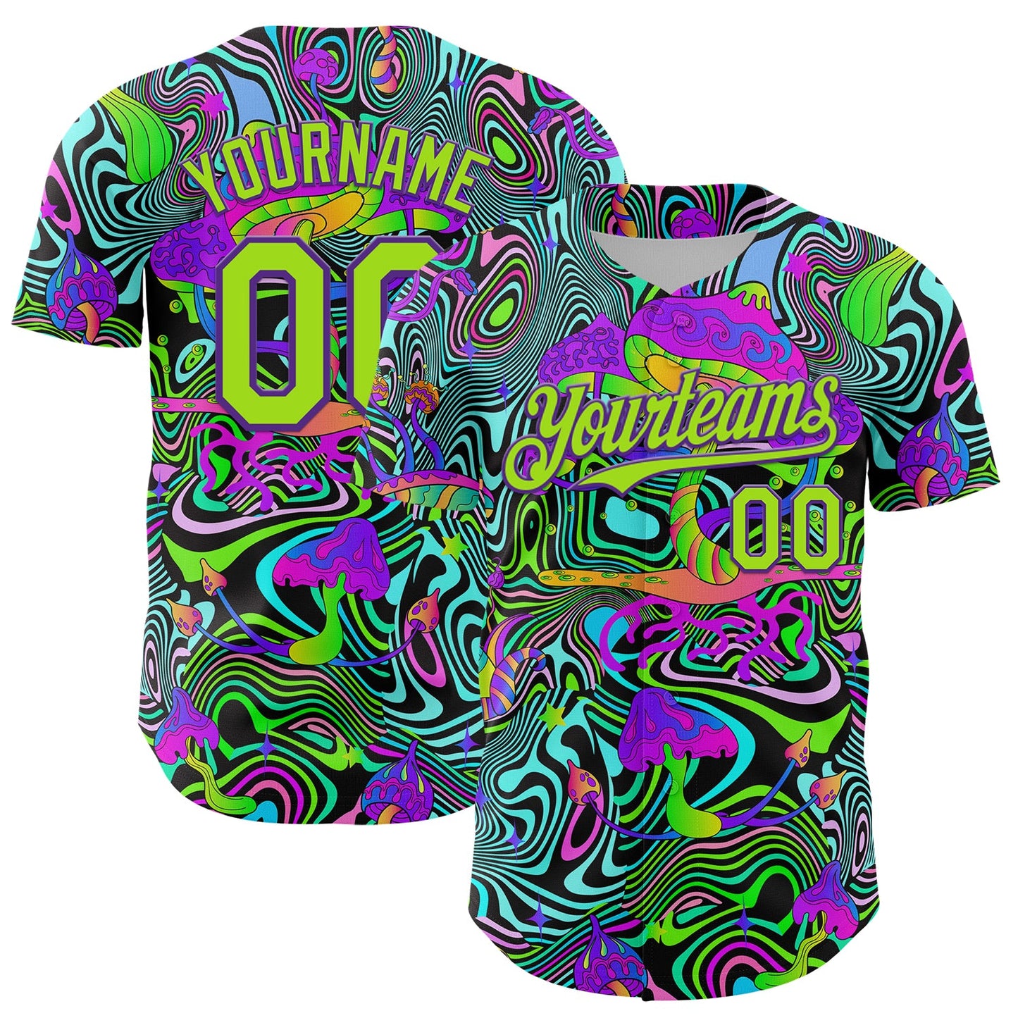 Custom Purple Neon Green 3D Pattern Design Trippy Groovy Magic Mushrooms Authentic Baseball Jersey - Main View