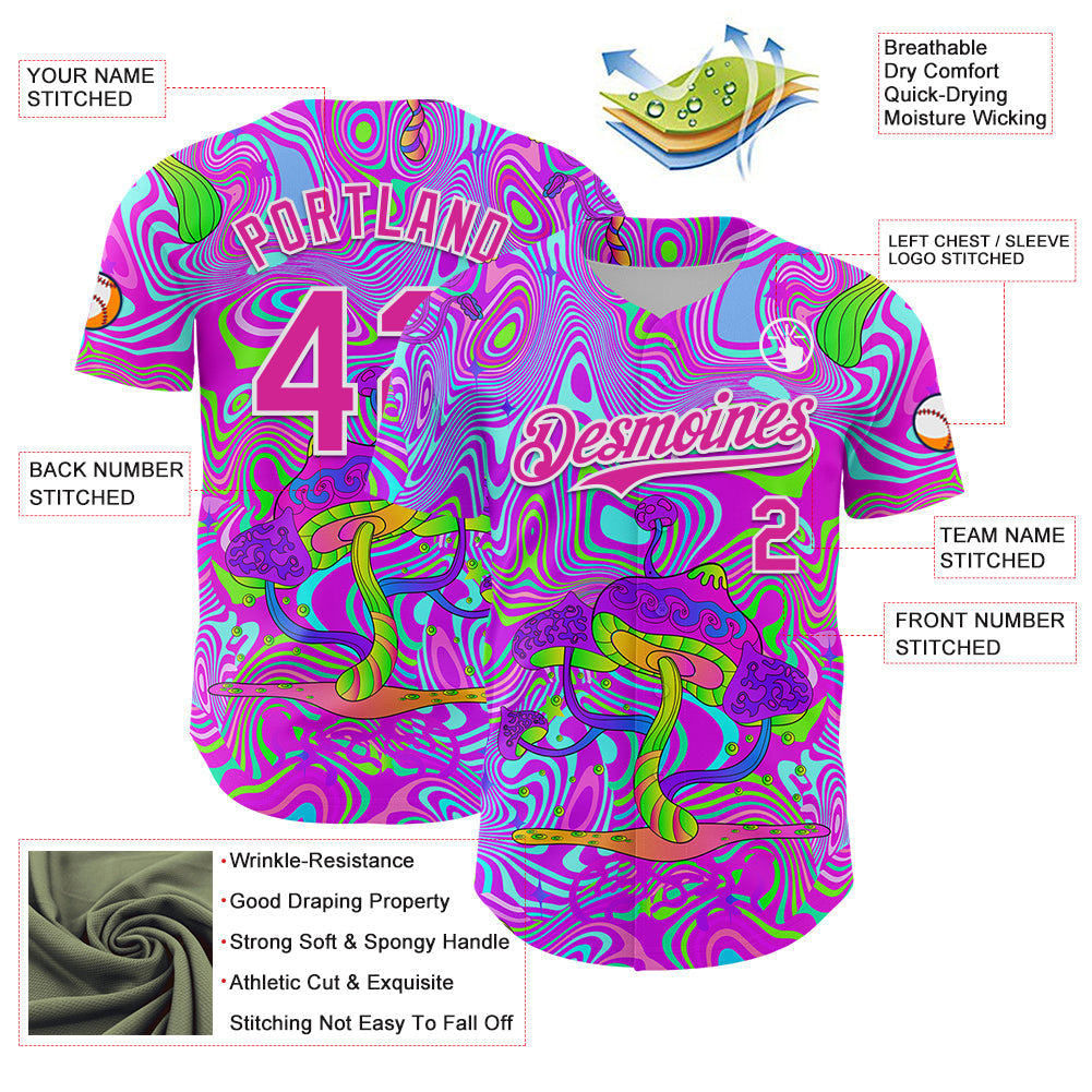 Custom Purple Deep Pink-White 3D Pattern Design Trippy Psychedelic Magic Mushrooms Authentic Baseball Jersey view 3