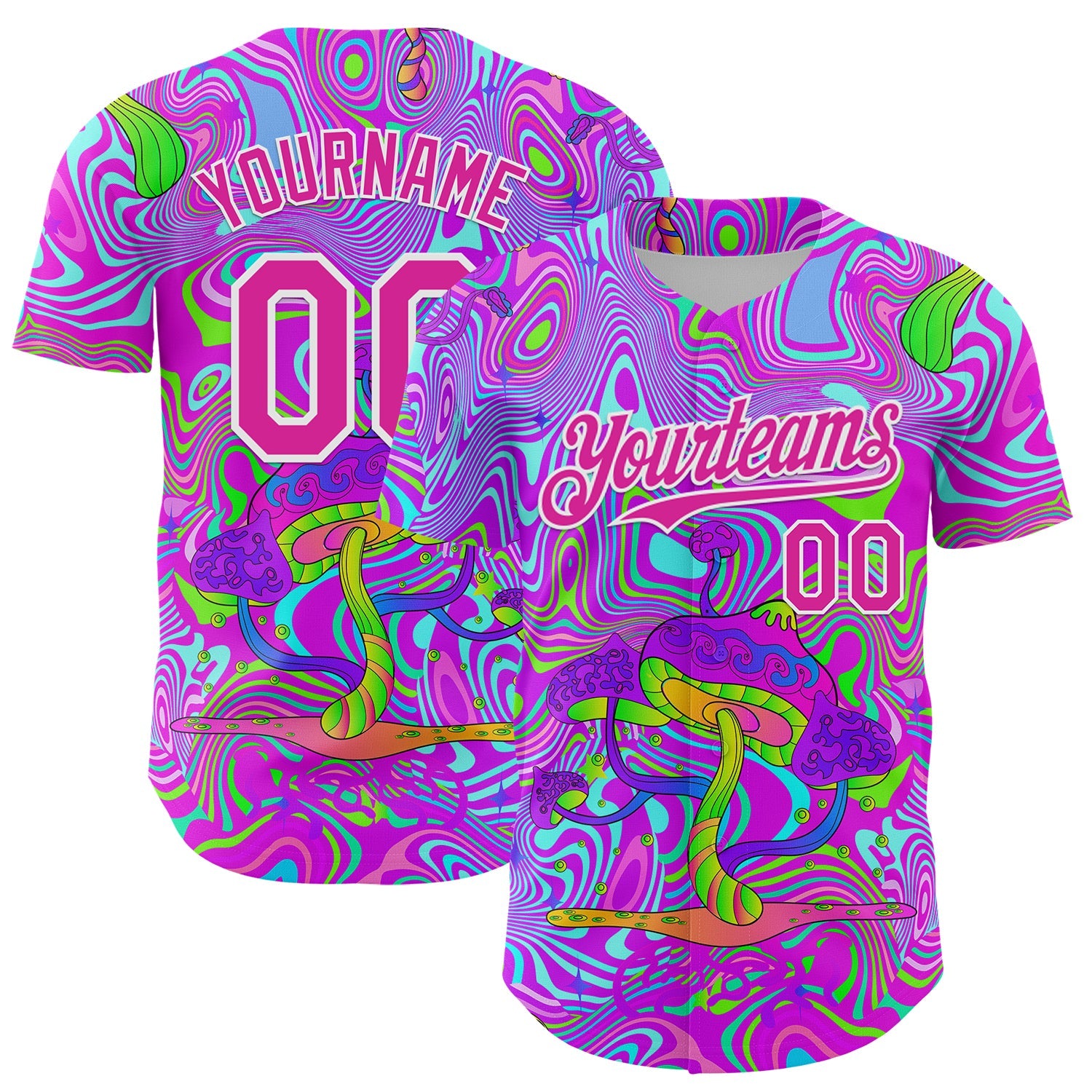 Custom Purple Deep Pink-White 3D Pattern Design Trippy Psychedelic Magic Mushrooms Authentic Baseball Jersey - Main View