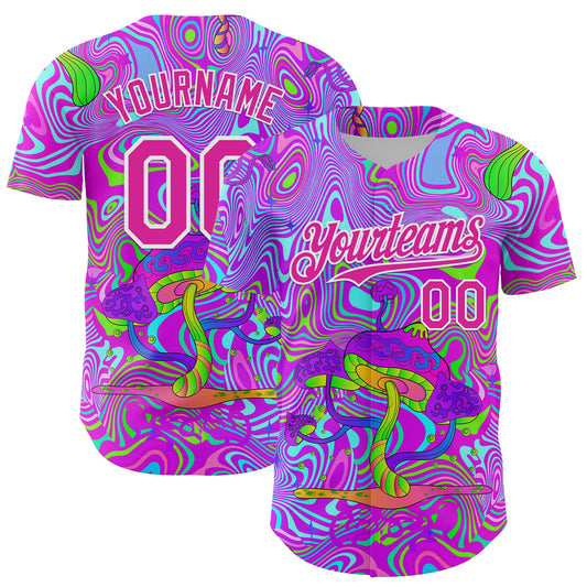 Custom Purple Deep Pink-White 3D Pattern Design Trippy Psychedelic Magic Mushrooms Authentic Baseball Jersey - Main View