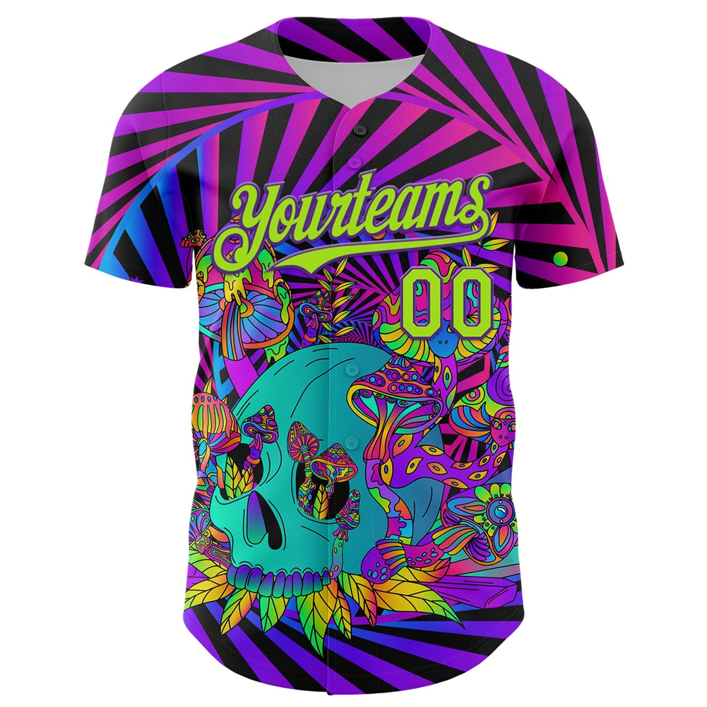Custom Purple Neon Green 3D Pattern Design Trippy Magic Mushrooms Skull Authentic Baseball Jersey view 2