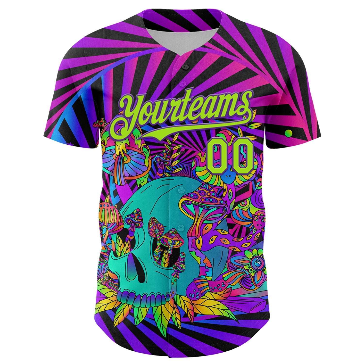 Custom Purple Neon Green 3D Pattern Design Trippy Magic Mushrooms Skull Authentic Baseball Jersey view 2