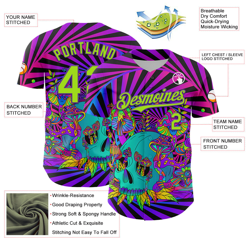 Custom Purple Neon Green 3D Pattern Design Trippy Magic Mushrooms Skull Authentic Baseball Jersey view 3