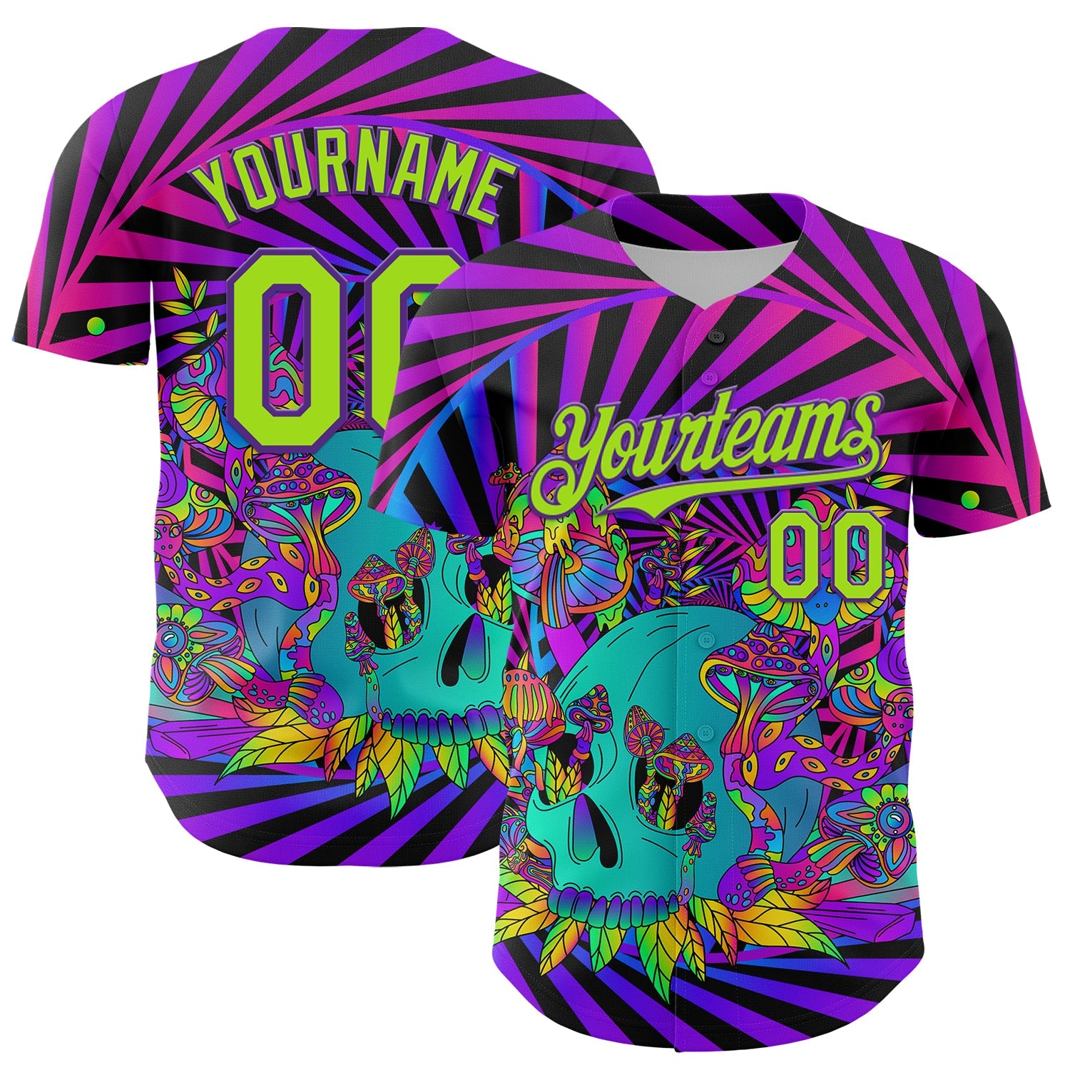 Custom Purple Neon Green 3D Pattern Design Trippy Magic Mushrooms Skull Authentic Baseball Jersey - Main View