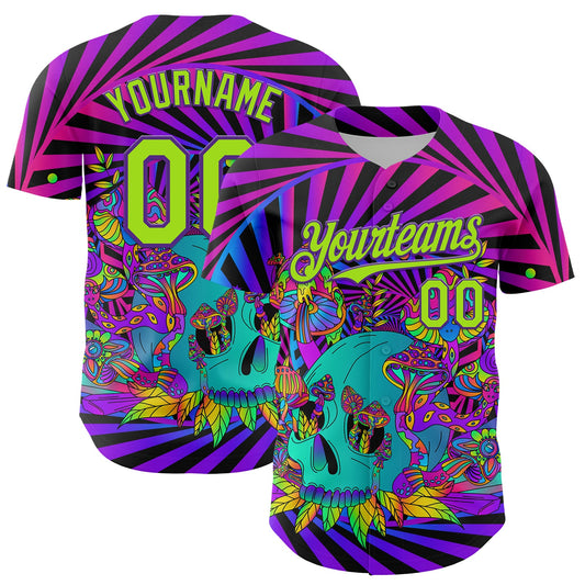 Custom Purple Neon Green 3D Pattern Design Trippy Magic Mushrooms Skull Authentic Baseball Jersey - Main View
