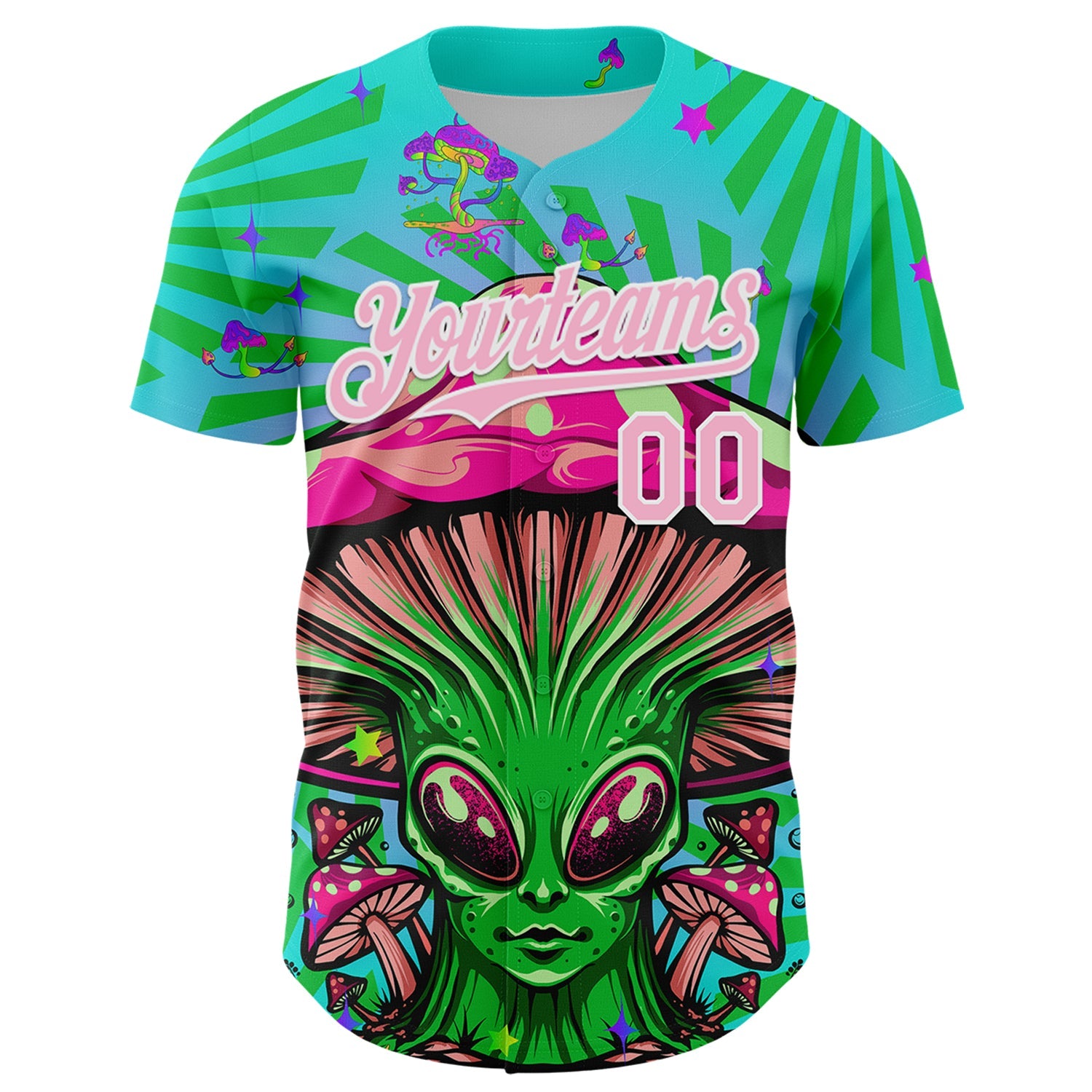 Custom Blue Light Pink-White 3D Pattern Design Trippy Magic Mushrooms Alien Authentic Baseball Jersey view 2