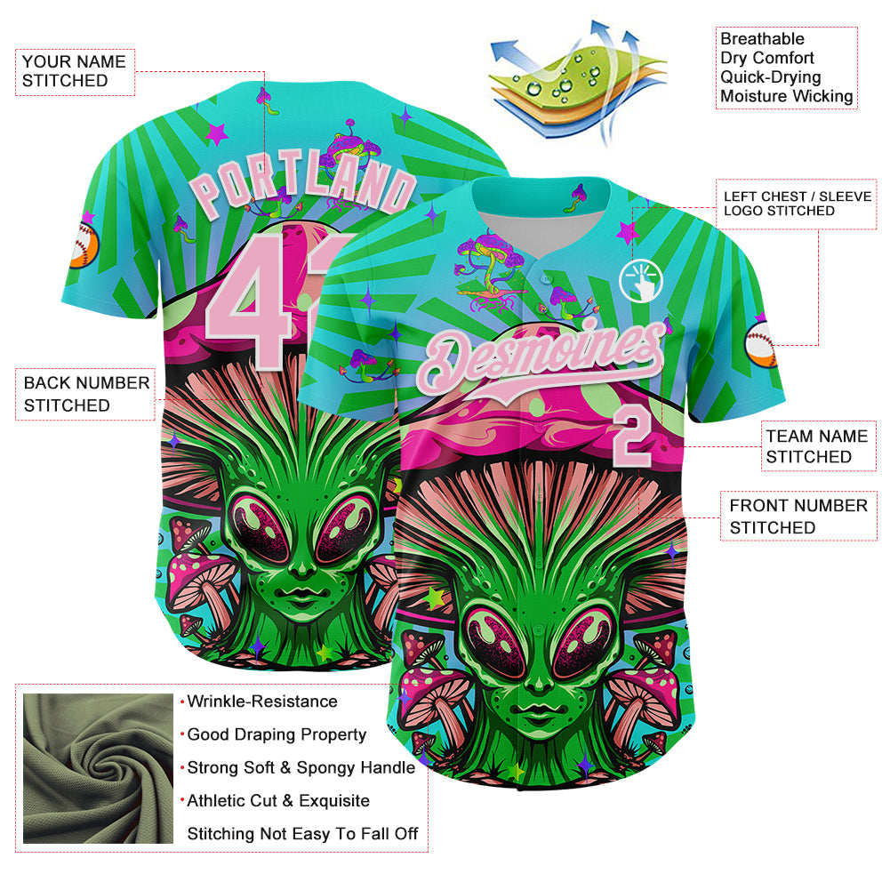 Custom Blue Light Pink-White 3D Pattern Design Trippy Magic Mushrooms Alien Authentic Baseball Jersey view 3