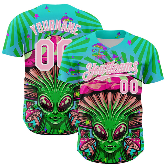 Custom Blue Light Pink-White 3D Pattern Design Trippy Magic Mushrooms Alien Authentic Baseball Jersey - Main View