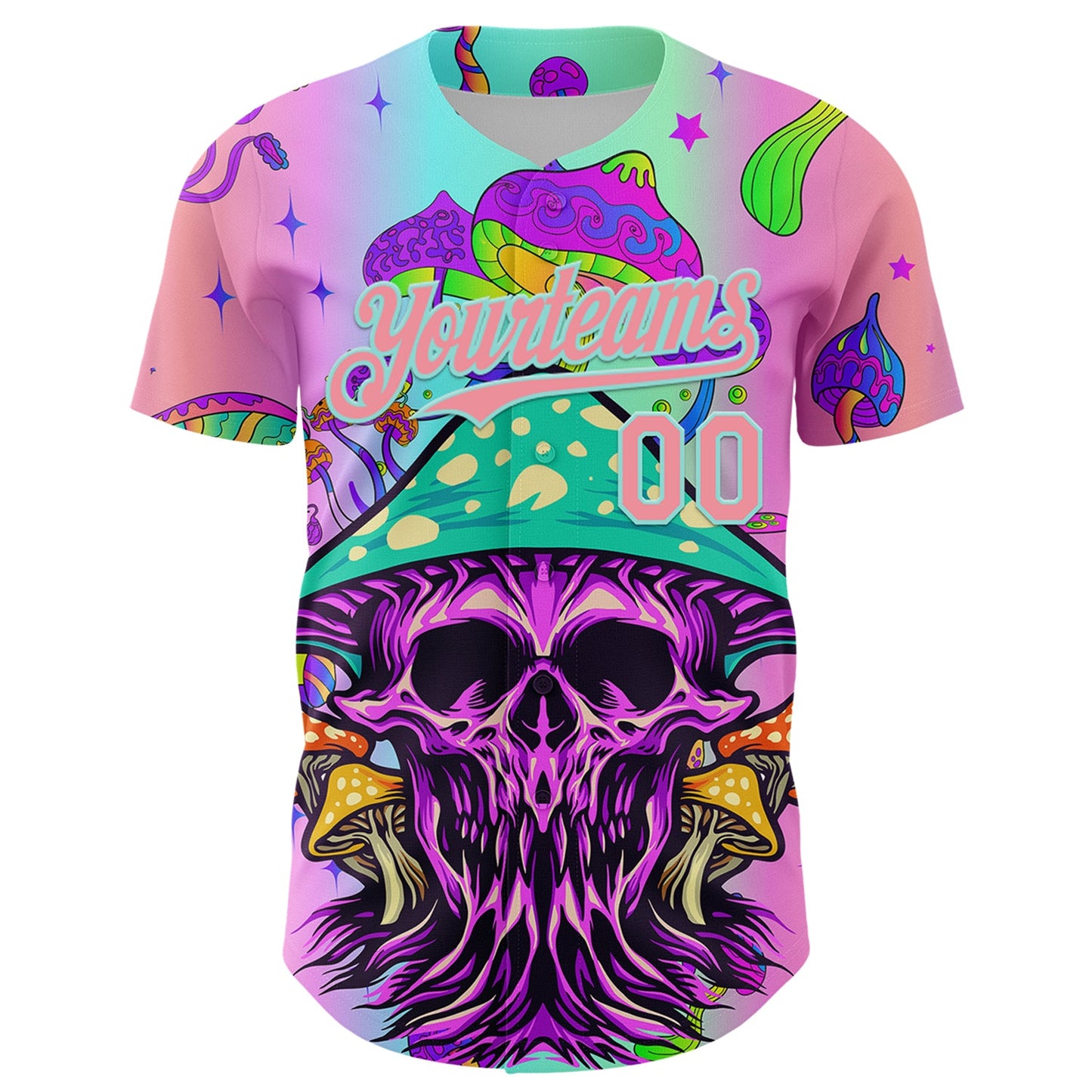 Custom Purple Medium Pink-Ice Blue 3D Pattern Design Trippy Magic Mushrooms Skull Authentic Baseball Jersey view 2