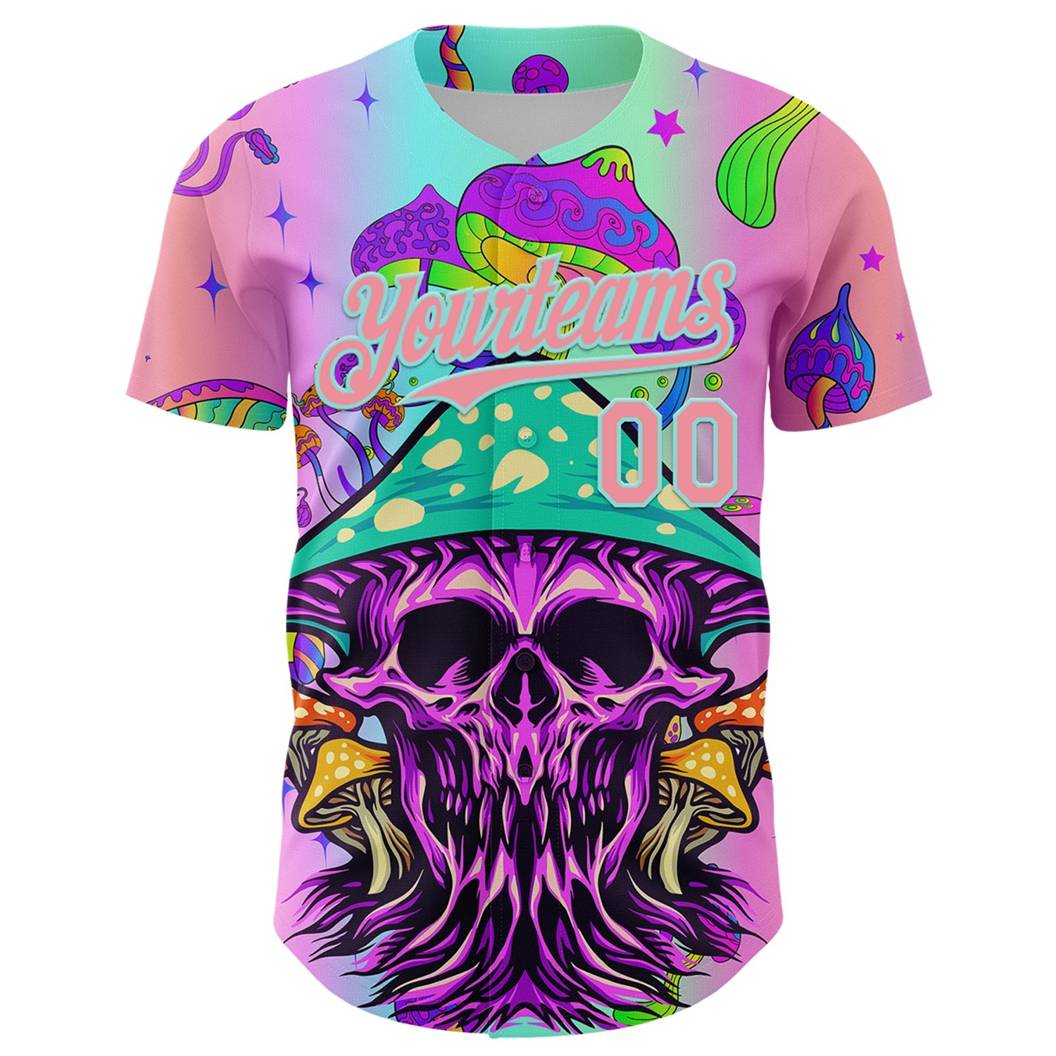Custom Purple Medium Pink-Ice Blue 3D Pattern Design Trippy Magic Mushrooms Skull Authentic Baseball Jersey view 2