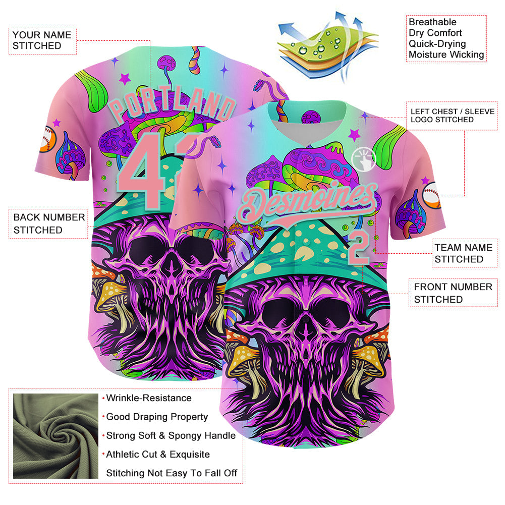 Custom Purple Medium Pink-Ice Blue 3D Pattern Design Trippy Magic Mushrooms Skull Authentic Baseball Jersey view 3