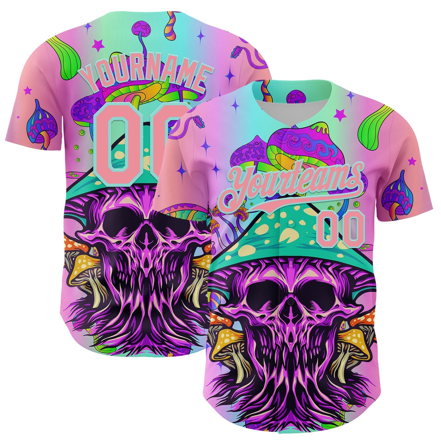 Custom Purple Medium Pink-Ice Blue 3D Pattern Design Trippy Magic Mushrooms Skull Authentic Baseball Jersey - Main View