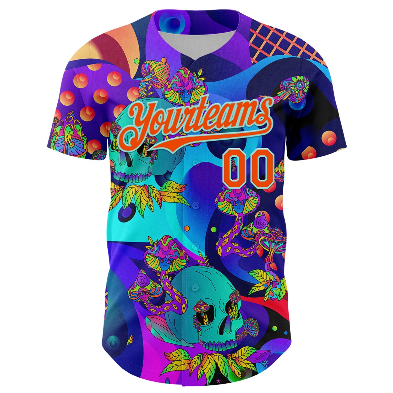 Custom Blue Orange-Ice Blue 3D Pattern Design Trippy Magic Mushrooms Skull Authentic Baseball Jersey view 2
