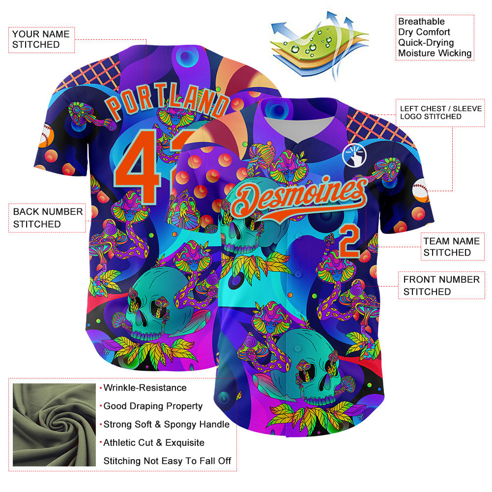 Custom Blue Orange-Ice Blue 3D Pattern Design Trippy Magic Mushrooms Skull Authentic Baseball Jersey view 3