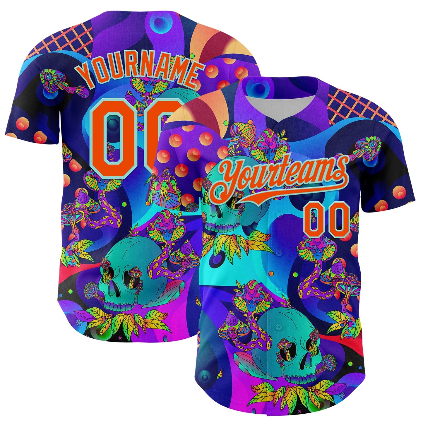 Custom Blue Orange-Ice Blue 3D Pattern Design Trippy Magic Mushrooms Skull Authentic Baseball Jersey - Main View