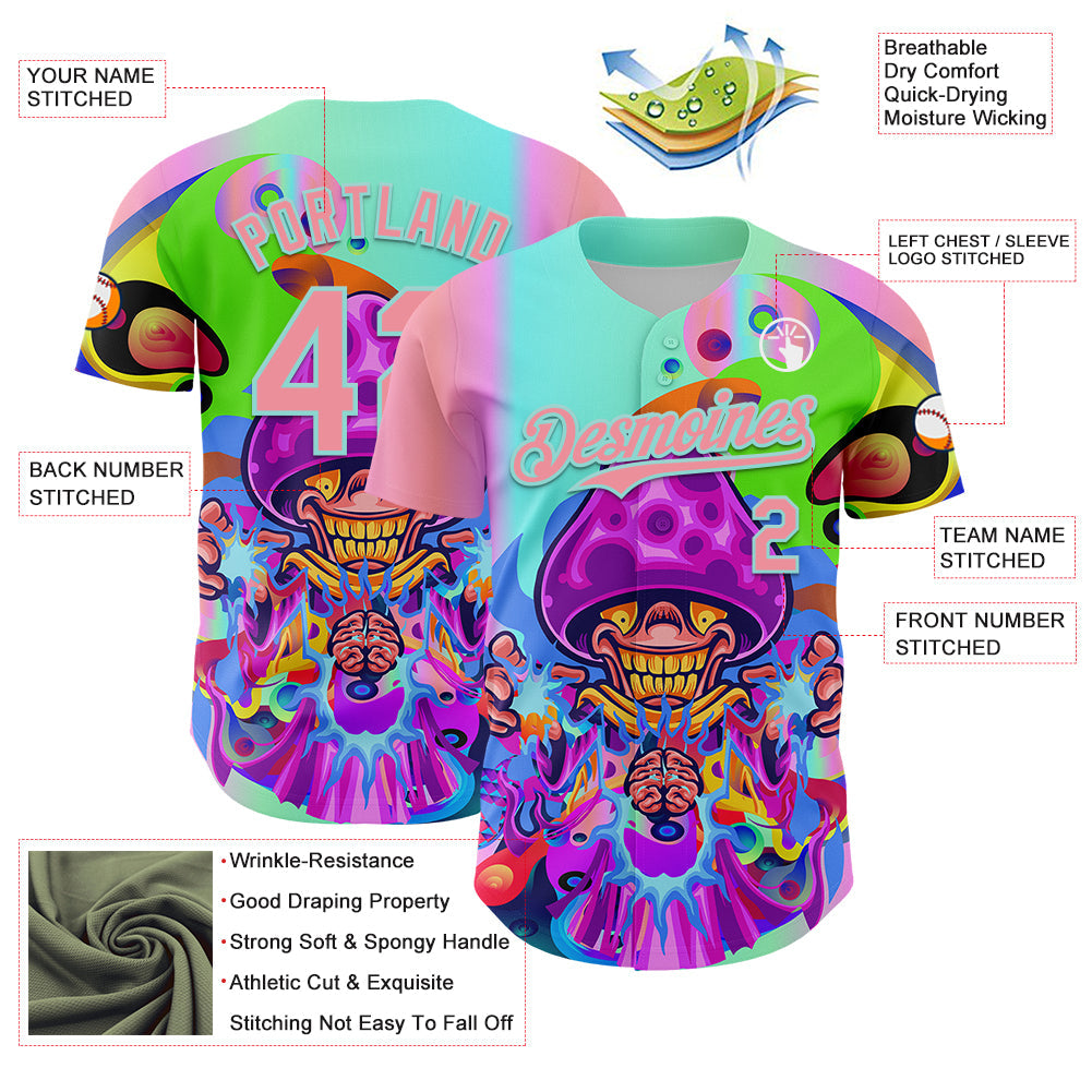Custom Purple Medium Pink-Ice Blue 3D Pattern Design Trippy Magic Mushrooms Acid Authentic Baseball Jersey view 3