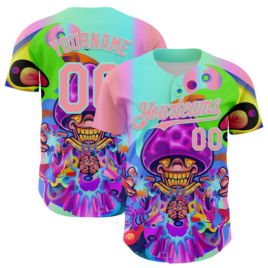 Custom Purple Medium Pink-Ice Blue 3D Pattern Design Trippy Magic Mushrooms Acid Authentic Baseball Jersey - Main View