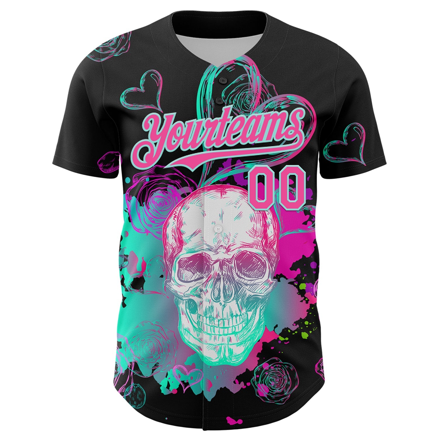 Custom Black Pink-Ice Blue 3D Pattern Design Trippy Magic Mushrooms Skull Authentic Baseball Jersey view 2