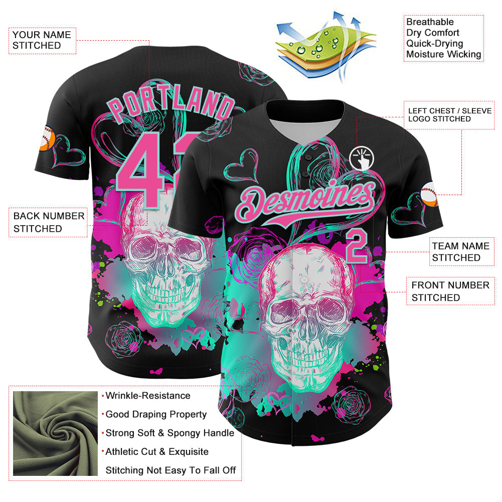 Custom Black Pink-Ice Blue 3D Pattern Design Trippy Magic Mushrooms Skull Authentic Baseball Jersey view 3