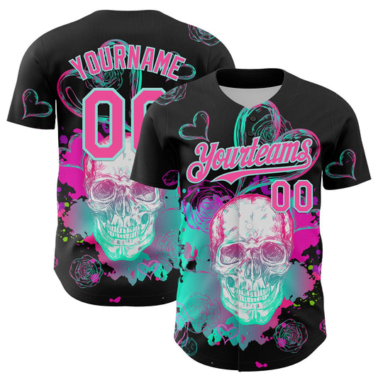 Custom Black Pink-Ice Blue 3D Pattern Design Trippy Magic Mushrooms Skull Authentic Baseball Jersey - Main View