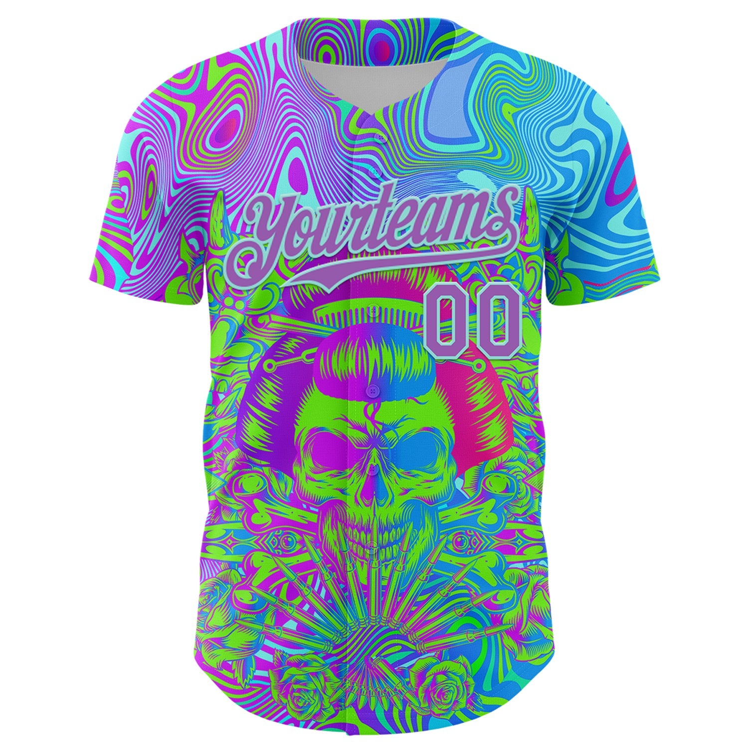 Custom Blue Medium Purple-Ice Blue 3D Pattern Design Trippy Magic Mushrooms Skull Authentic Baseball Jersey view 2
