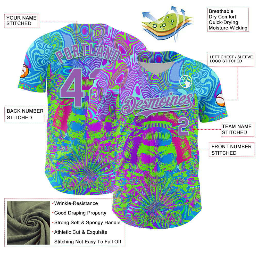 Custom Blue Medium Purple-Ice Blue 3D Pattern Design Trippy Magic Mushrooms Skull Authentic Baseball Jersey view 3