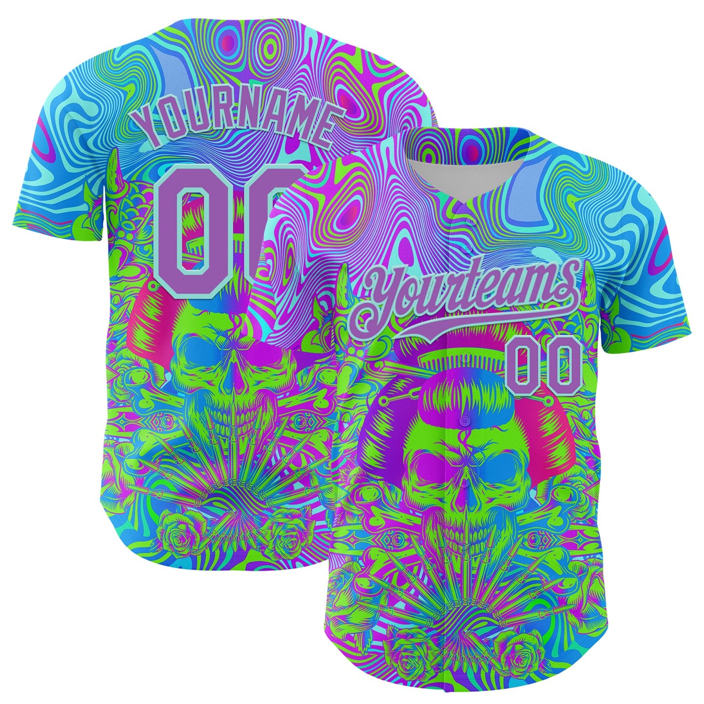 Custom Blue Medium Purple-Ice Blue 3D Pattern Design Trippy Magic Mushrooms Skull Authentic Baseball Jersey - Main View