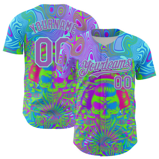 Custom Blue Medium Purple-Ice Blue 3D Pattern Design Trippy Magic Mushrooms Skull Authentic Baseball Jersey - Main View