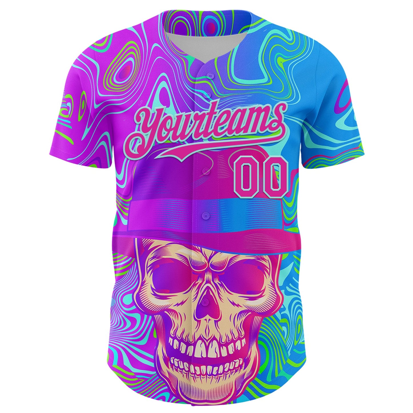 Custom Blue Deep Pink-Ice Blue 3D Pattern Design Trippy Magic Mushrooms Skull Authentic Baseball Jersey view 2