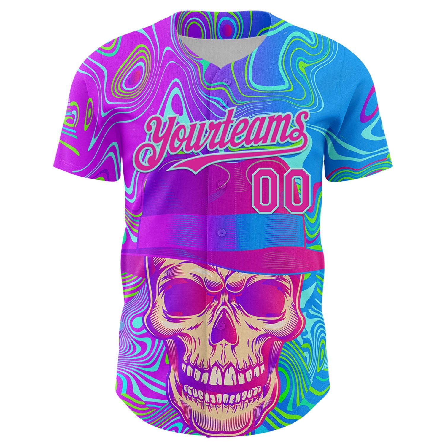 Custom Blue Deep Pink-Ice Blue 3D Pattern Design Trippy Magic Mushrooms Skull Authentic Baseball Jersey view 2
