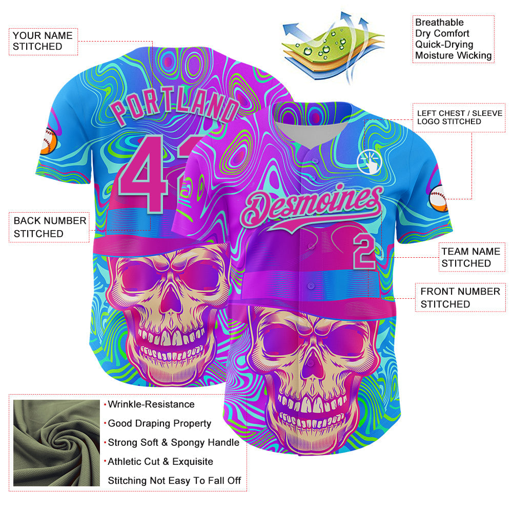 Custom Blue Deep Pink-Ice Blue 3D Pattern Design Trippy Magic Mushrooms Skull Authentic Baseball Jersey view 3