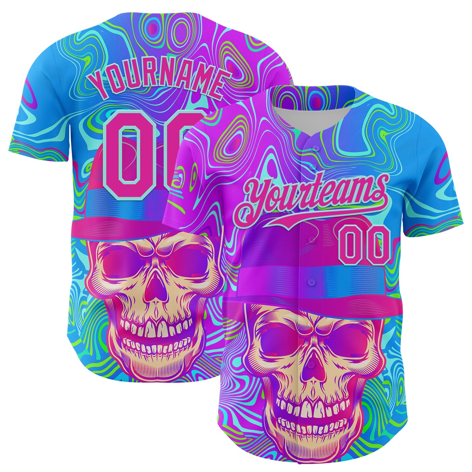 Custom Blue Deep Pink-Ice Blue 3D Pattern Design Trippy Magic Mushrooms Skull Authentic Baseball Jersey - Main View
