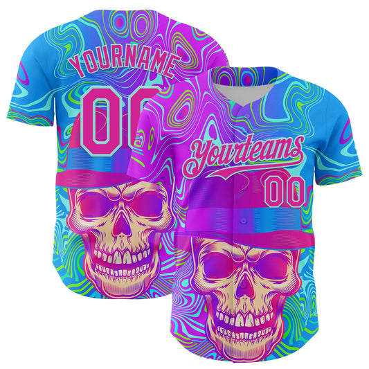 Custom Blue Deep Pink-Ice Blue 3D Pattern Design Trippy Magic Mushrooms Skull Authentic Baseball Jersey - Main View