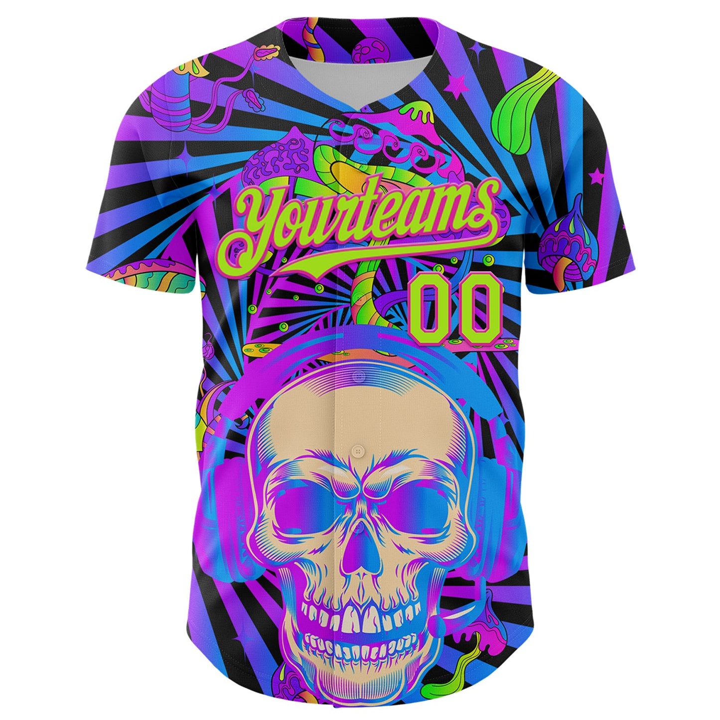 Custom Purple Neon Green-Deep Pink 3D Pattern Design Trippy Magic Mushrooms Skull Authentic Baseball Jersey view 2