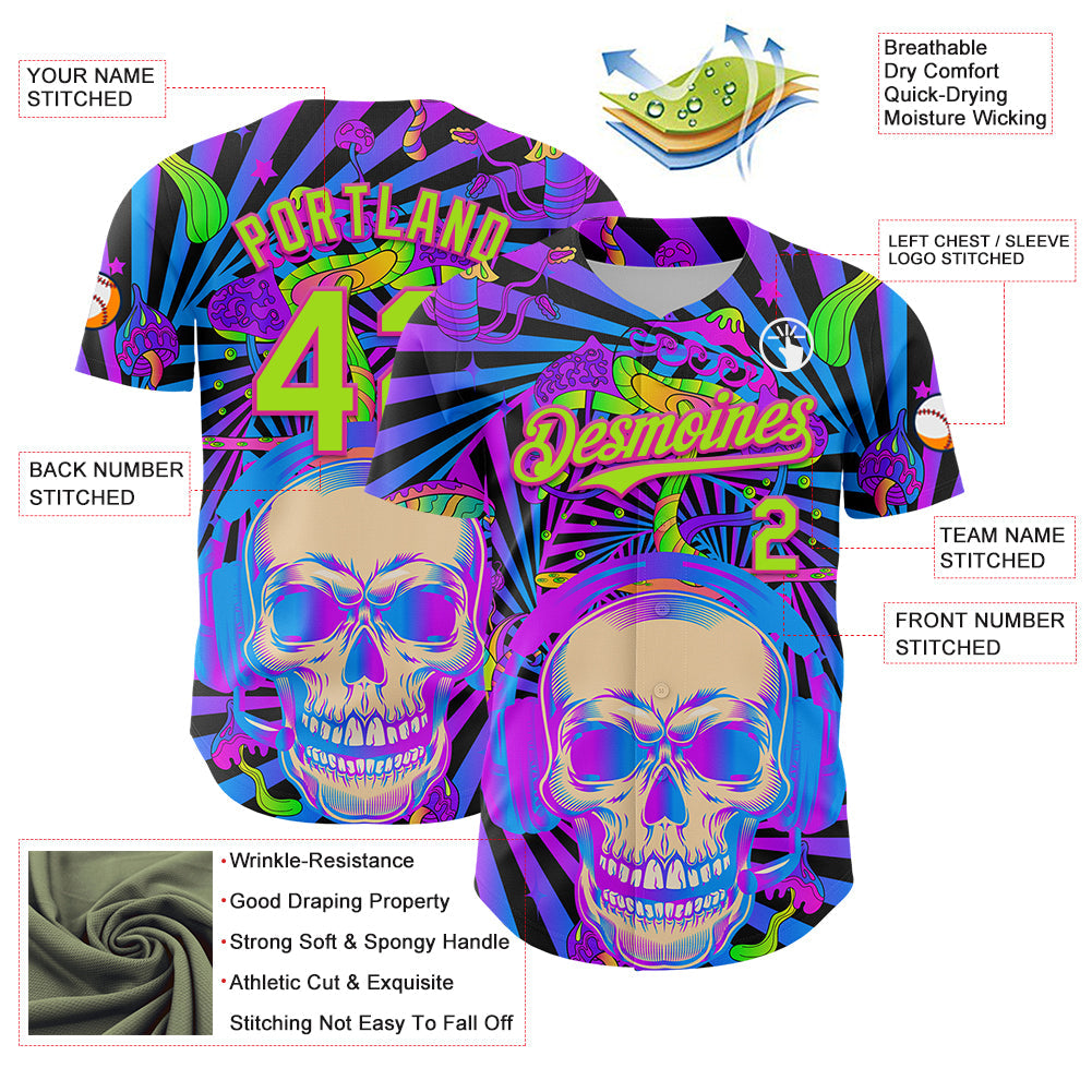 Custom Purple Neon Green-Deep Pink 3D Pattern Design Trippy Magic Mushrooms Skull Authentic Baseball Jersey view 3